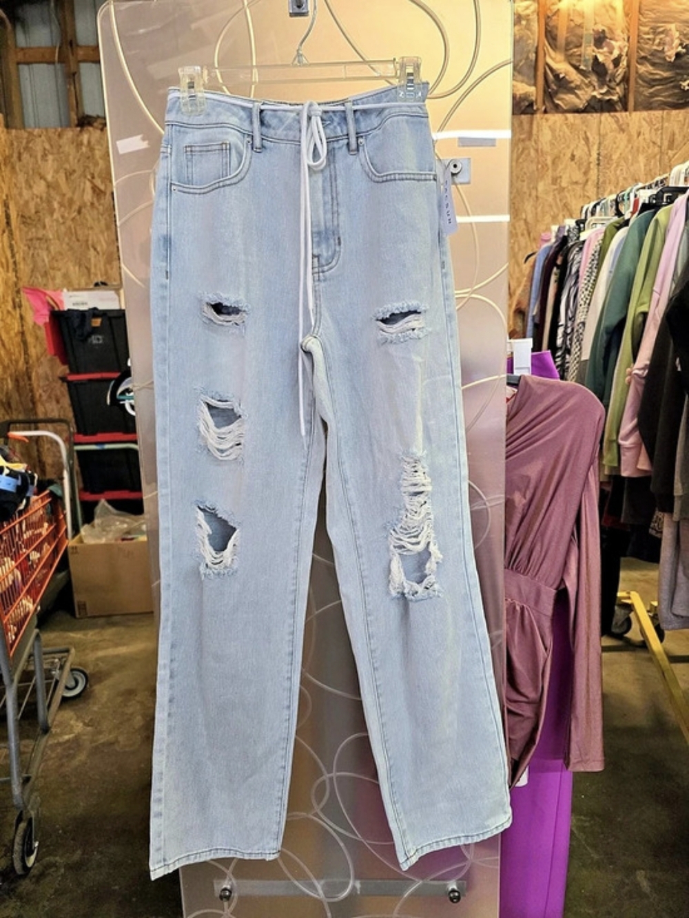 NWT PacSun Distressed Tie Waist Baggy Jeans Light Denim Blue Waist 26